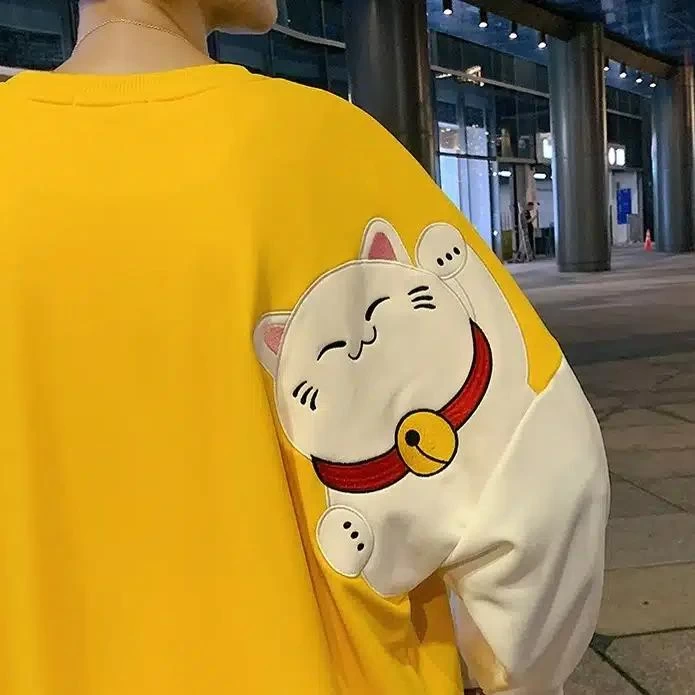 Pull Large Jaune Avec Motif De Chat Blanc Dessin Animé 2 Pull Large Jaune Avec Motif De Chat Blanc Dessin Animé – Image 2
