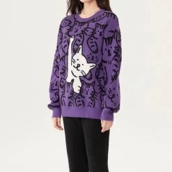 Pull Doux Violet Avec Motifs Adorables De Chats