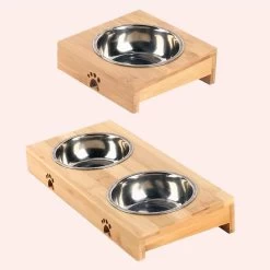 Bol Chat En Acier Inoxydable Avec Support En Bambou