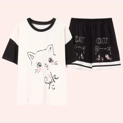 Pyjama D’été En Coton Doux Avec Motifs De Chats Pour Femmes